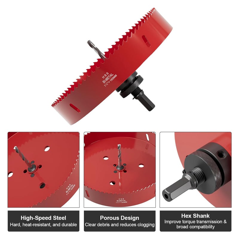 FIVELAKE 7-1/4" (185mm) Bi-Metal M42 High Speed Steel Hole Saw with Pilot Drill Bit, Smooth Cutting Edge for PVC, Drywall, Wood, Plastic, Gypsum Board, Rubber, Thin Metal - Image 2